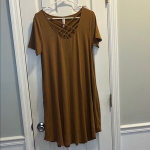 Brown Short Sleeve Dress with Crisscross Neckline